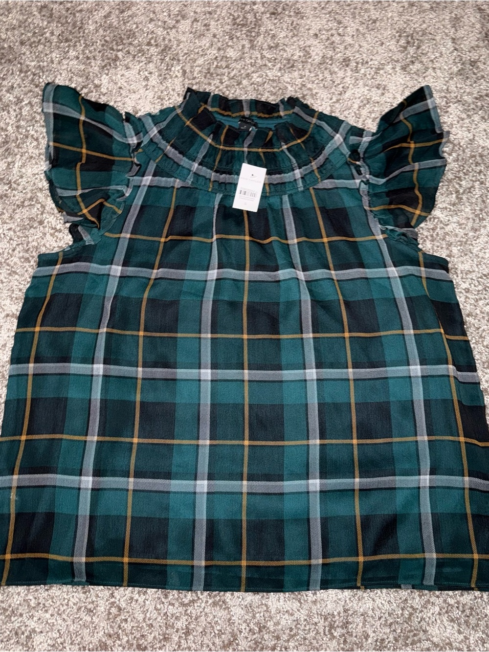 NWT Ann Taylor Plaid Ruffle Sleeve Blouse Top Green Black Gold Women’s Small S